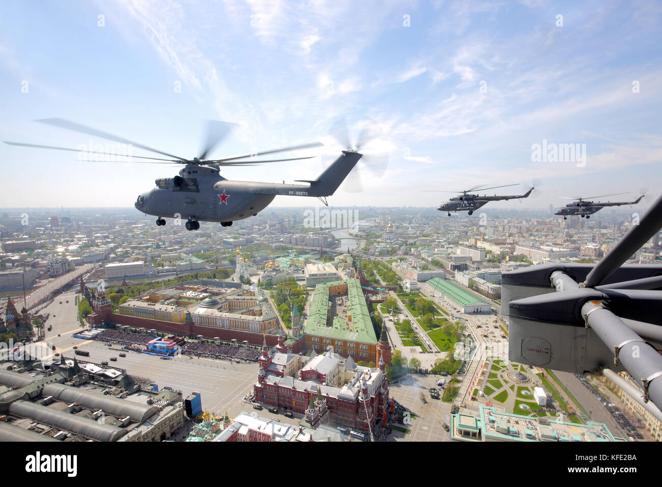 Red Square, Moscow, Russia - May 9, 2015: Mil Mi-26 and Mi-8 helicopters of Russian Air Force during Victory Day parade. Stock Photo