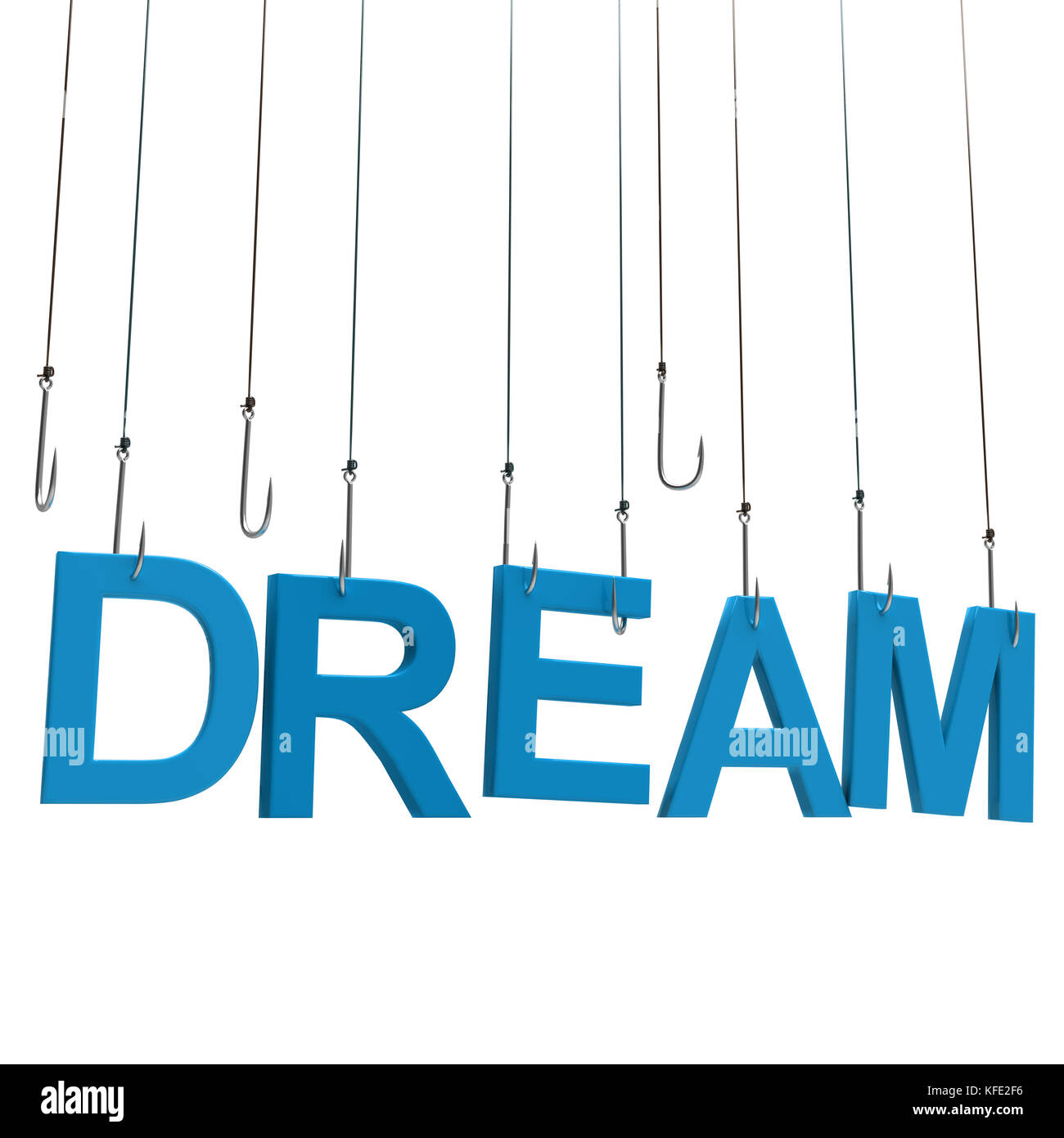 Text "Dream" hanging on a fishing hook. Isolated on white background
