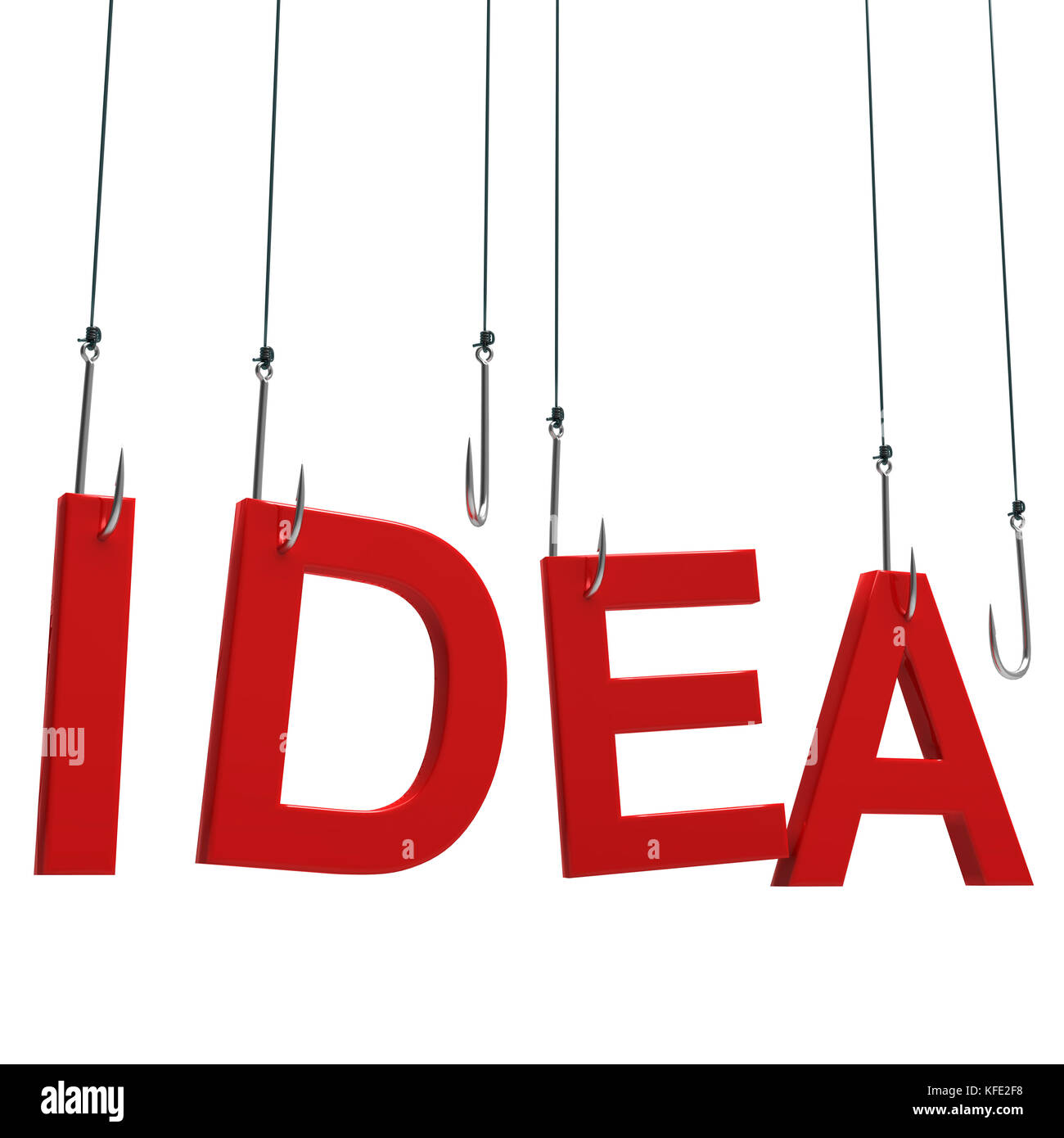 Text 'Idea' hanging on a fishing hook. Isolated on white background. Stock Photo
