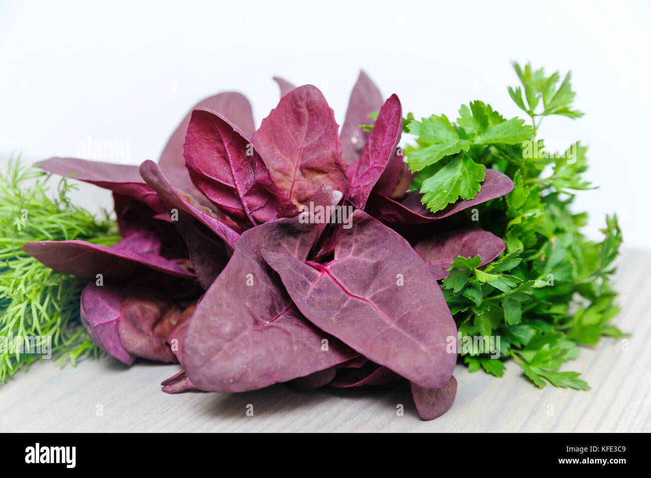 Red spinach, parsley and dill are on a wooden background. Stock Photo