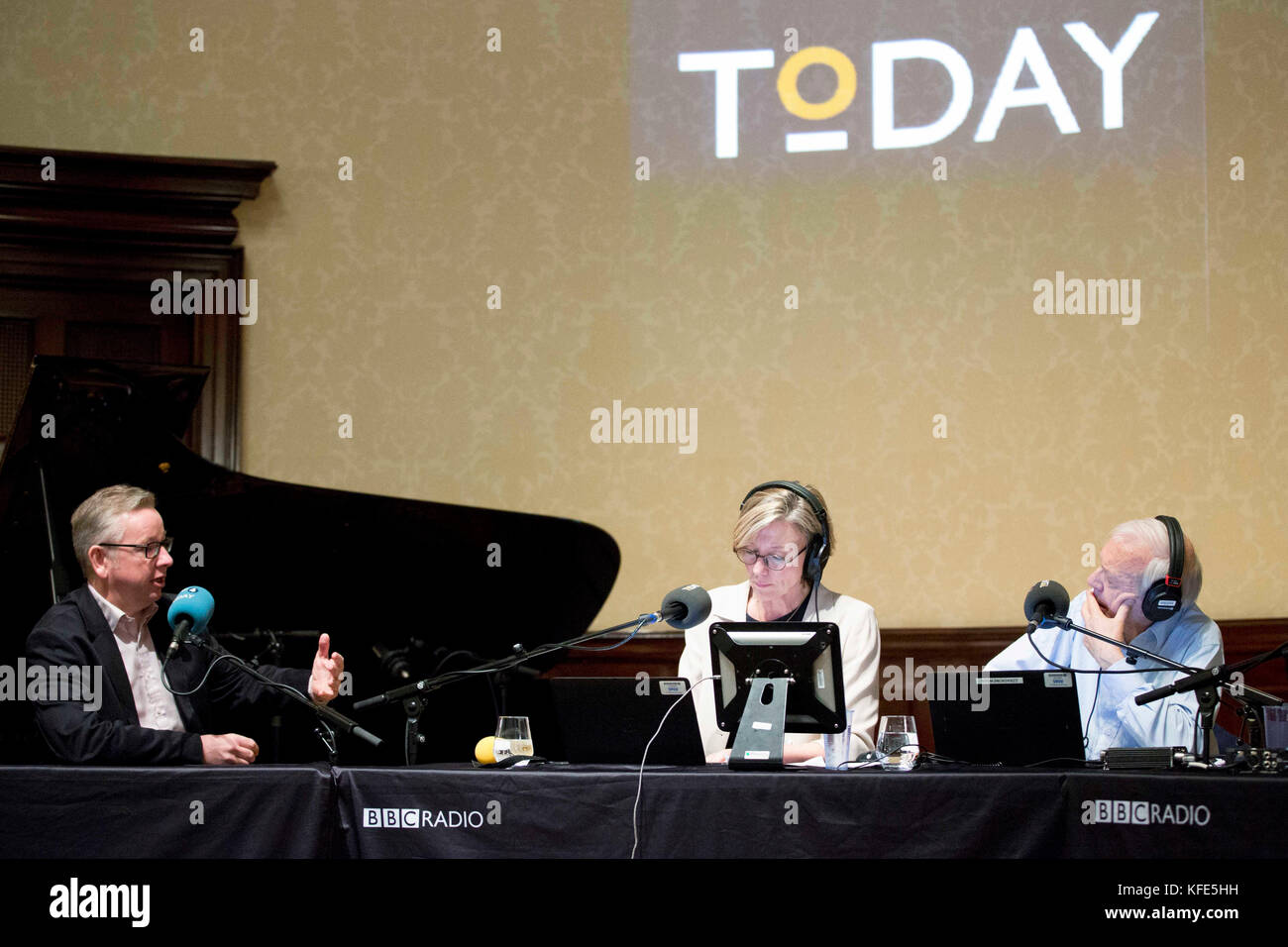 Environment Secretary Michael Gove (left) speaking to BBC Radio 4 presenter Sarah Montague and John Humphrys and at Wigmore Hall in central London, as the BBC Radio 4 programme celebrates its 60th anniversary, where he made an on air joke about disgraced movie mogul Harvey Weinstein. Stock Photo