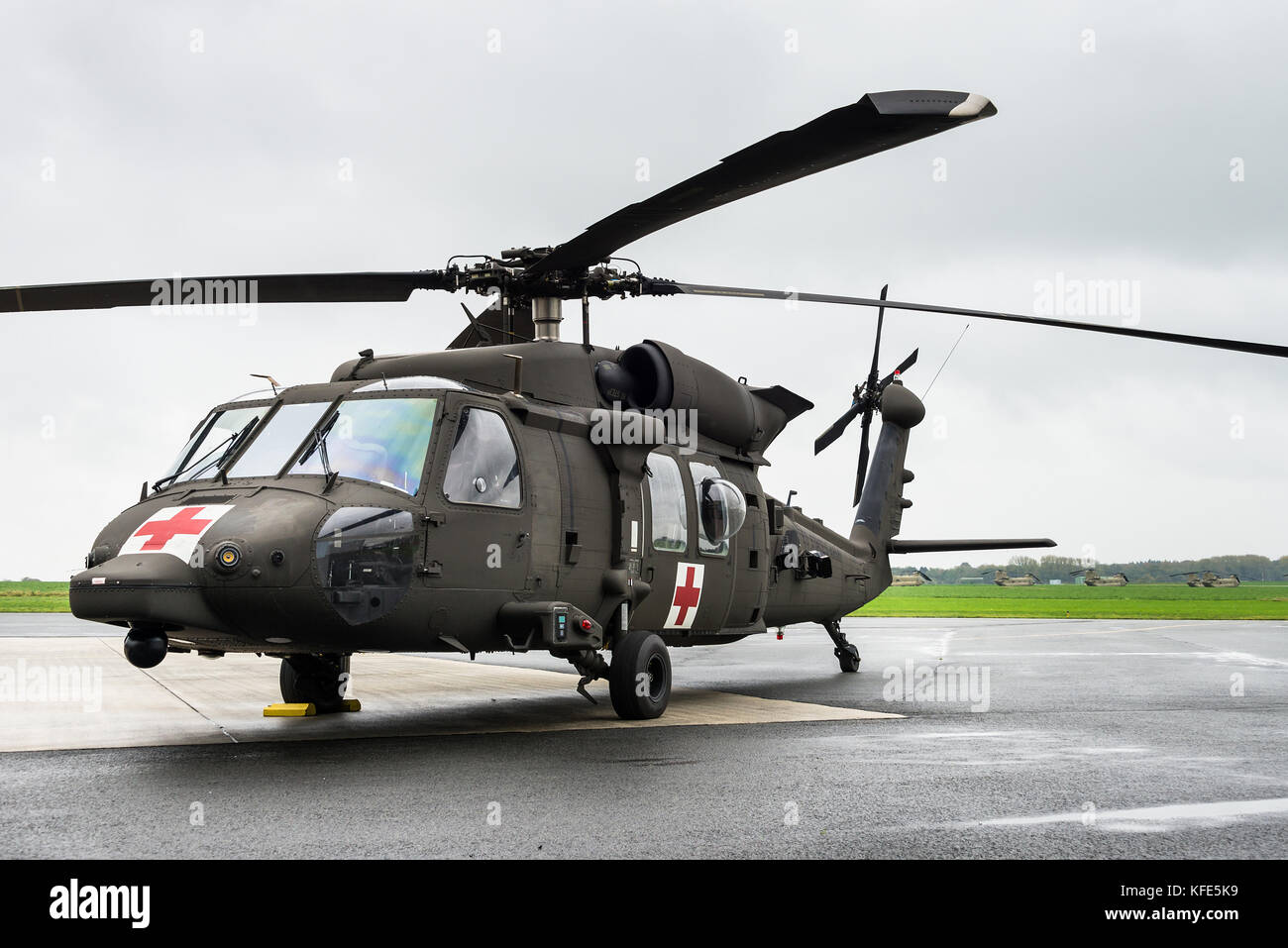 A Sikorsky UH-60 Black Hawk Medevac helicopter of the US Army at the Chièvres Air Base in Belgium. Medevac teams provide emergency care to U.S. forces. Stock Photo