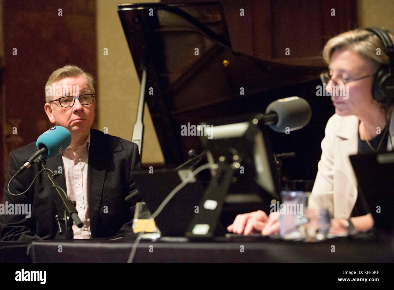 Environment Secretary Michael Gove (left) speaking to BBC Radio 4 presenter Sarah Montague and John Humphrys (not pictured) at Wigmore Hall in central London, as the BBC Radio 4 programme celebrates its 60th anniversary, where he made an on air joke about disgraced movie mogul Harvey Weinstein. Stock Photo