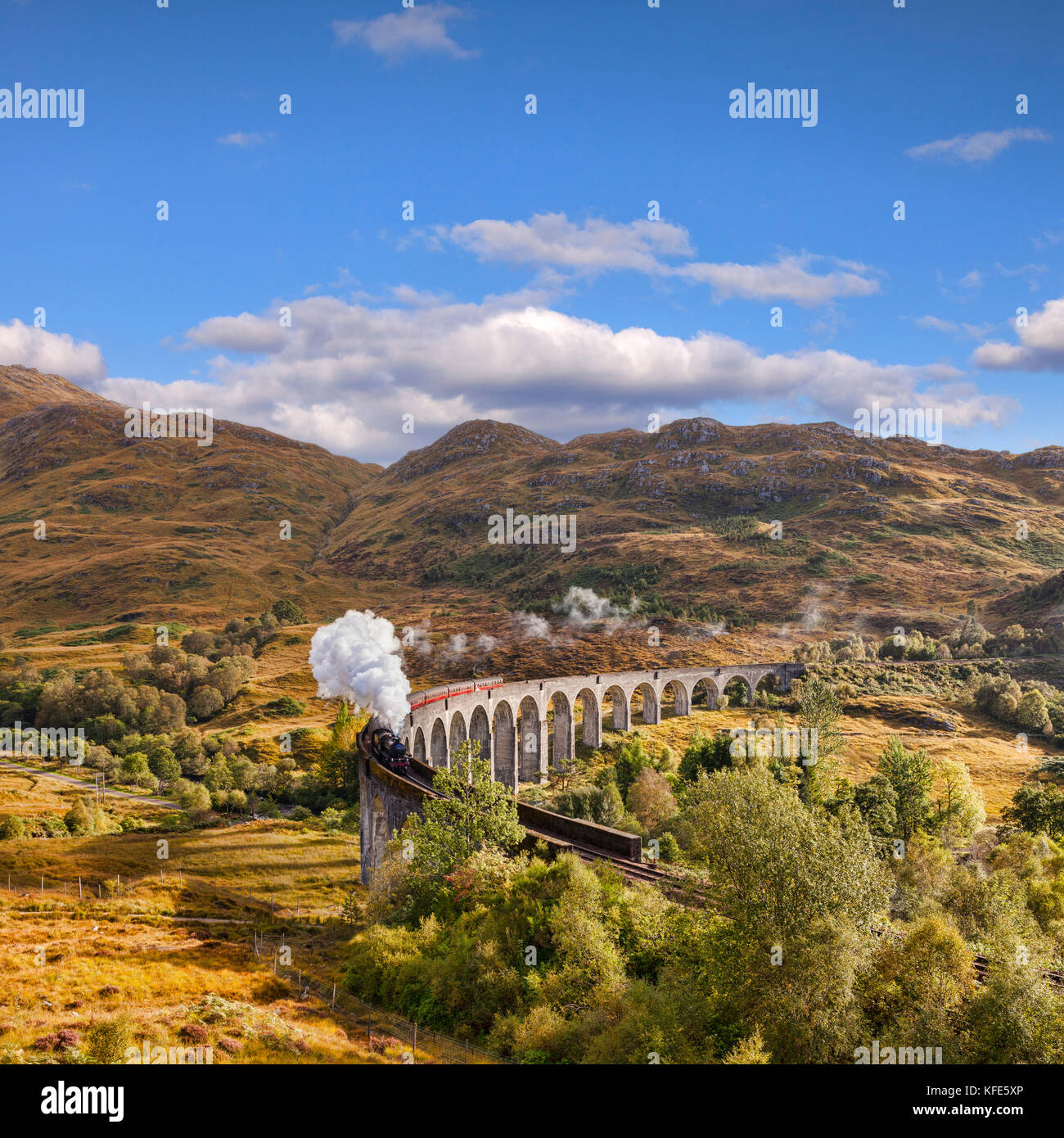 Glenfinnan Viaduct and the Jacobite steam train blowing steam from the exhaust as it crosses the Glenfinnan Viaduct, Highland, Scotland, UK. Stock Photo