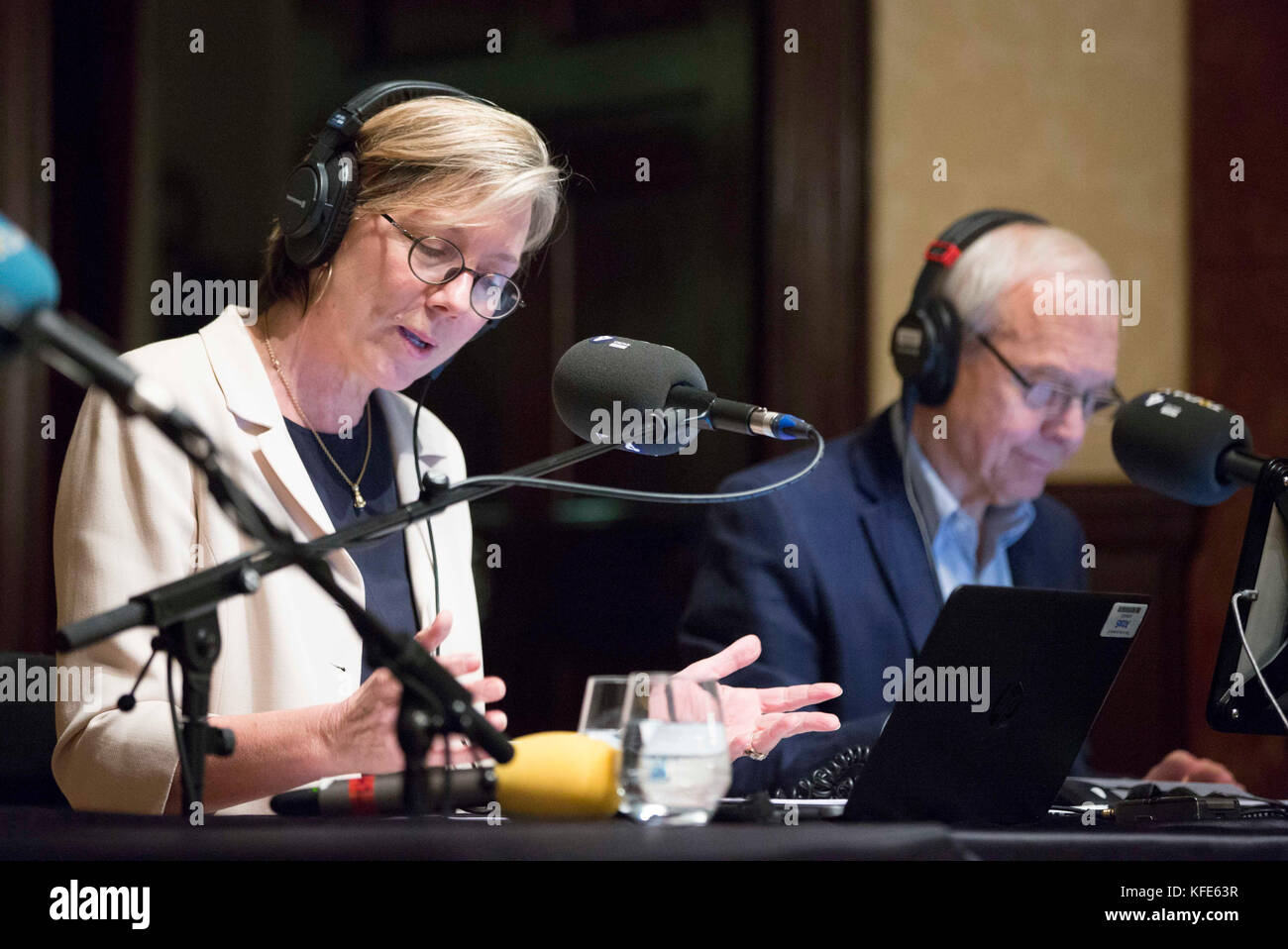 BBC Radio 4 Today presenters Sarah Montague and John Humphrys broadcast today's Today programme at Wigmore Hall in central London as the BBC Radio 4 Today programme celebrates its 60th anniversary. Stock Photo