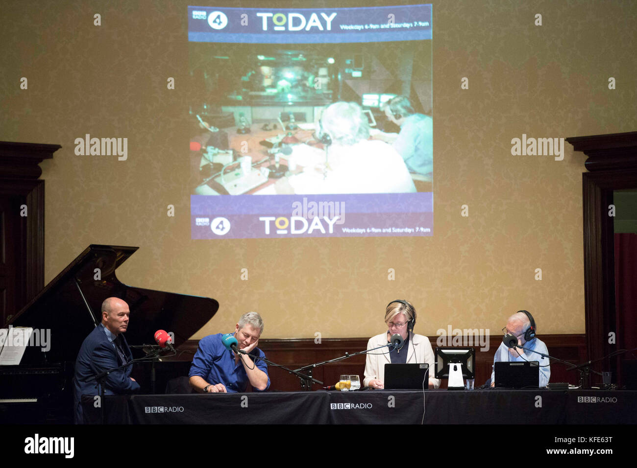 Sir Clive Woodward OBE (left) and Justin Webb (2nd left) speak with BBC Radio 4 Today presenters Sarah Montague and John Humphrys in front of an audience at Wigmore Hall in central London as the BBC Radio 4 Today programme celebrates its 60th anniversary. Stock Photo