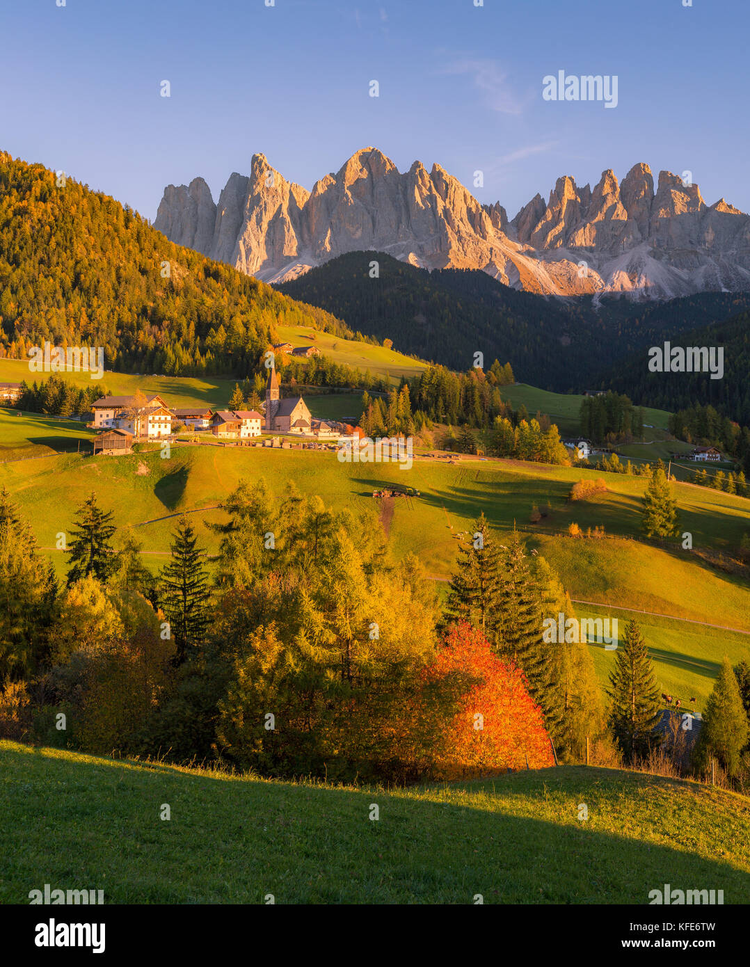 Autumn in the Italian Dolomites Alps, Funes Valley, Trentino Alto Adige, Italy Stock Photo