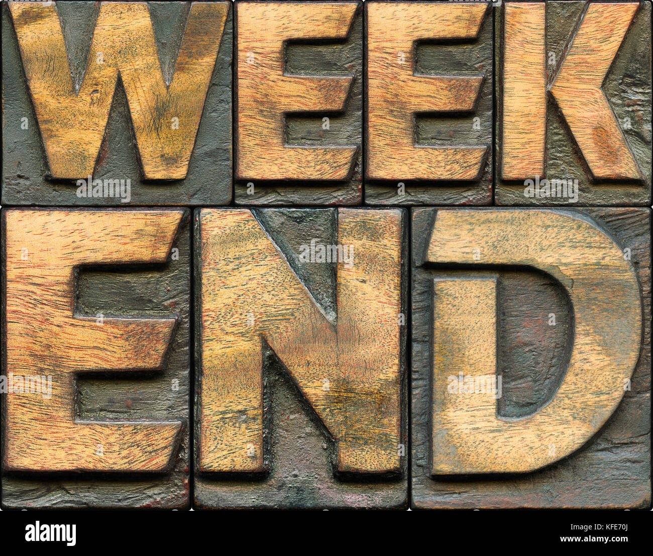 weekend label composed from vintage wooden letterpress type Stock Photo