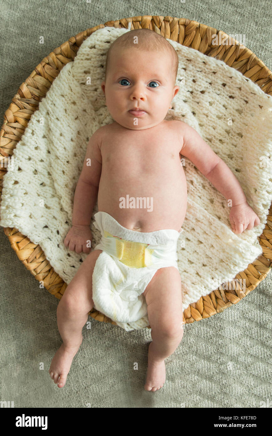 Portrait Of A Baby Wearing Diaper Relaxing In Basket Stock Photo Alamy