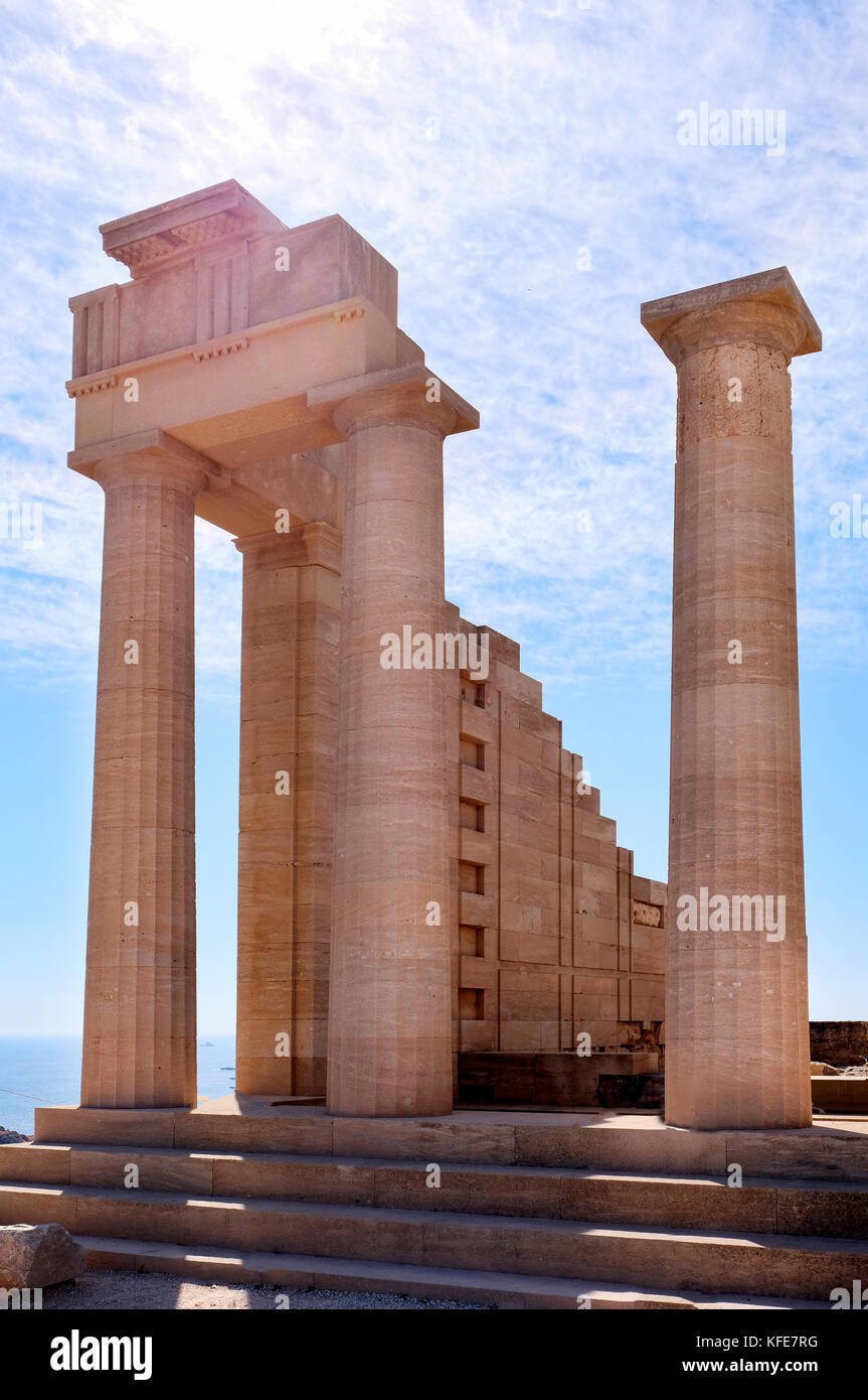 The Historic Doric Temple of Athena Lindia inside the ruins of the acropolis at Lindos on the Greek island of rhodes Stock Photo
