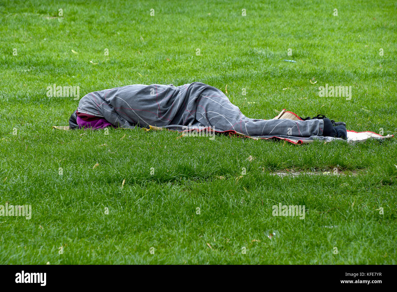 sleeping homeless person wrapped in a gray blanket on grass Stock Photo