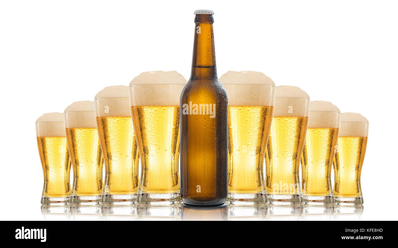 A bottle and glasses of beer isolated on white background Stock Photo Alamy