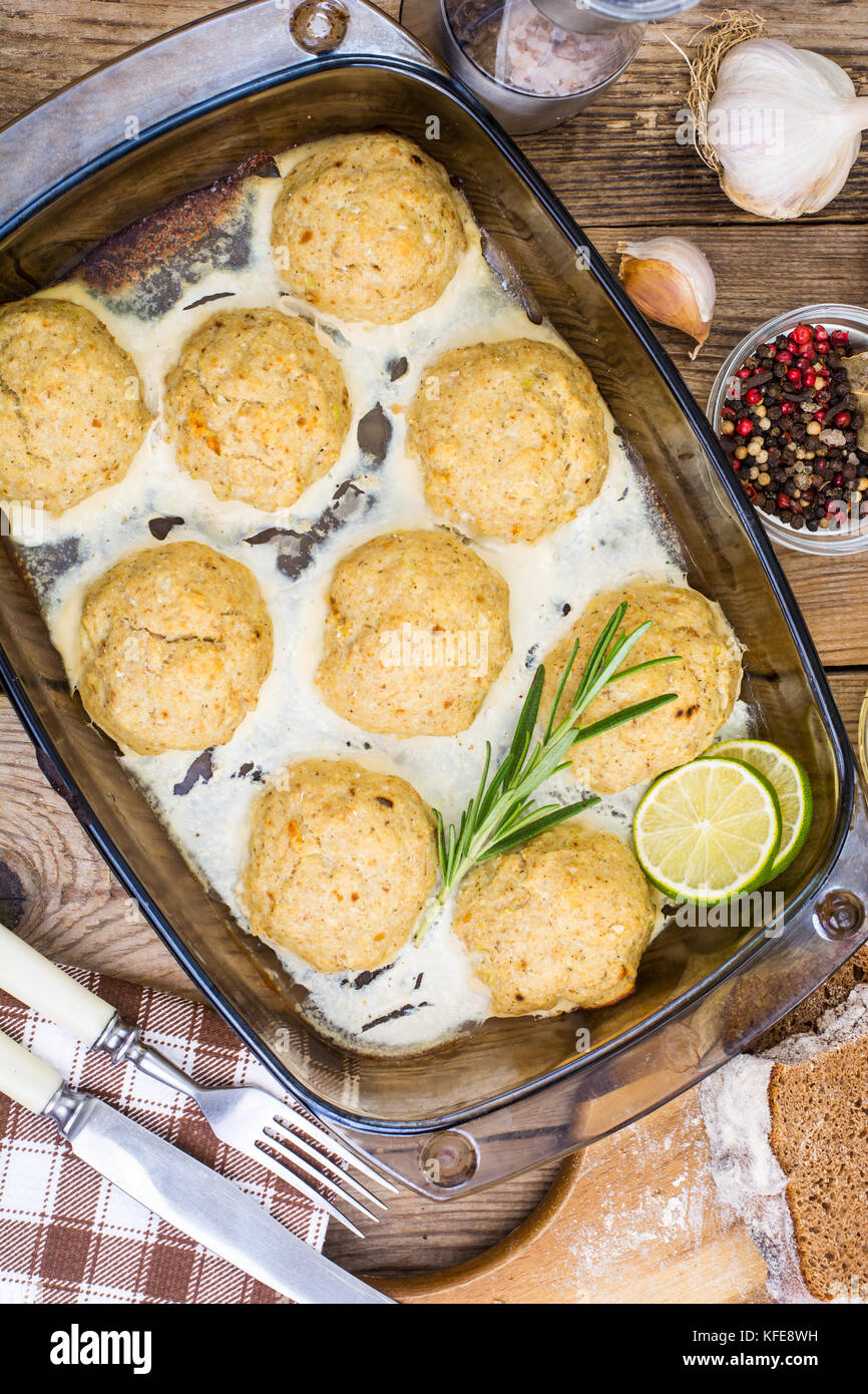 Baked diet balls from minced fish. Studio Photo Stock Photo