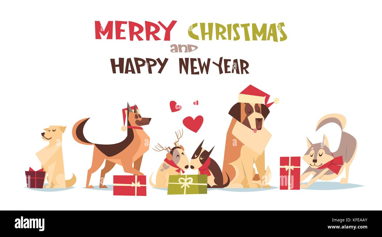 Cute Dogs In Santa Hats Isolated On White With Gift Boxes Merry ...