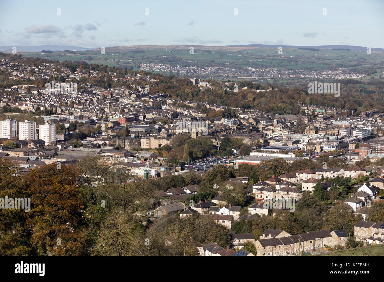 A panorama of Keighley in West Yorkshire, with the three tower blocks of Westgate in the foreground and the Highfield area behind. In the far distance Stock Photo