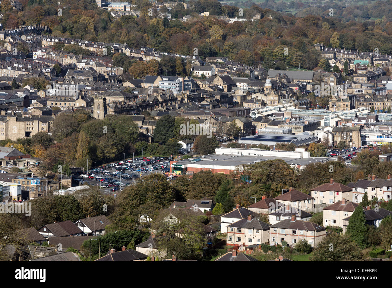 A panorama of the centre of Keighley in West Yorkshire Stock Photo