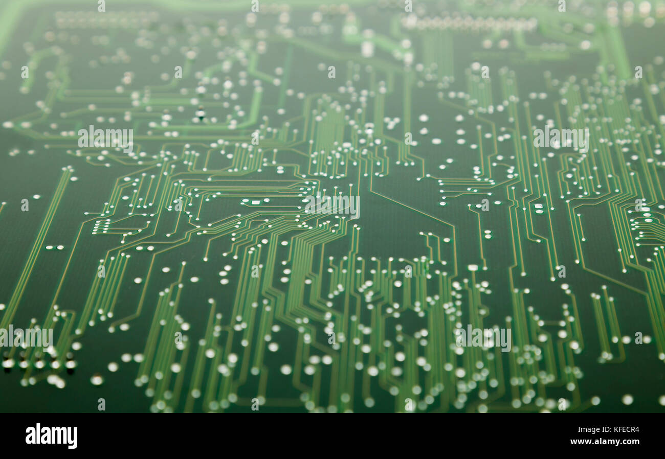 Printed circuit board with solder connections & circuit pathways Stock Photo