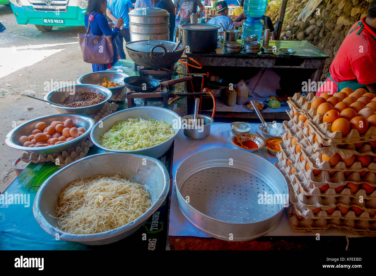 POKHARA, NEPAL OCTOBER 10, 2017 Close up of asorted food, noodles