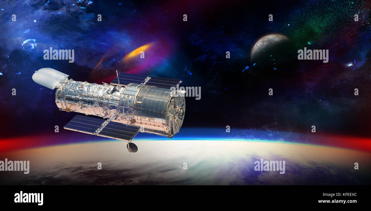 Celestial art, Hubble telescope with stars and galaxies in outer space showing the beauty of space exploration. Textures furnished by NASA, 3d Render, Stock Photo