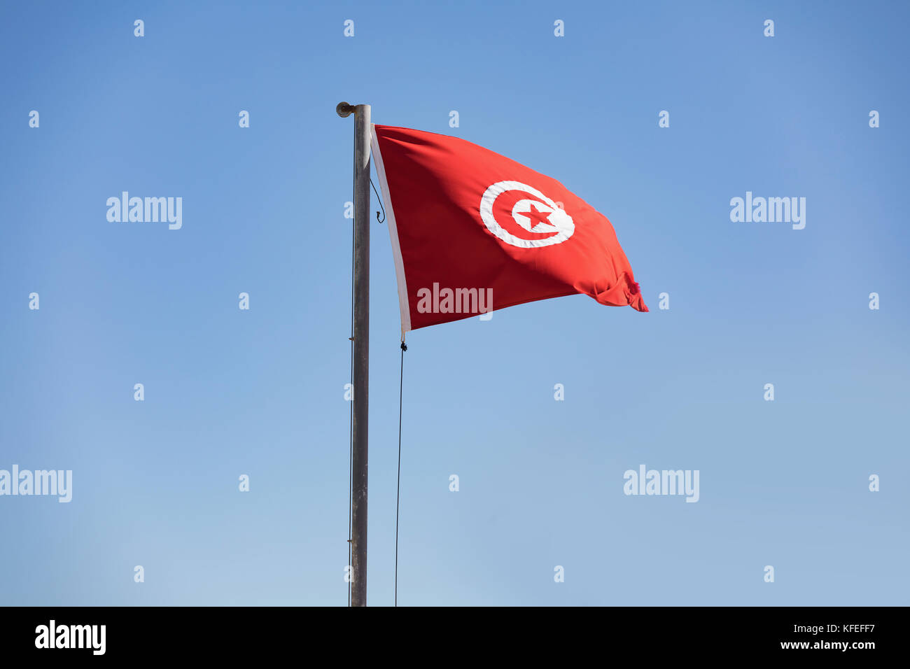 Tunisian flag waving in the blue sky in the beach. Stock Photo