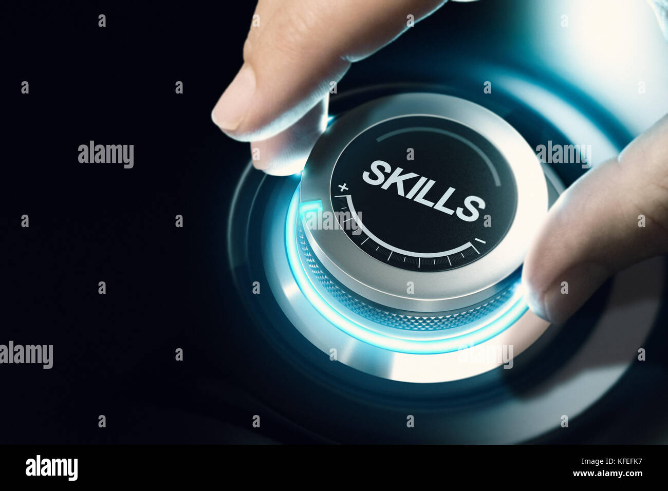Hand turning a skill test knob to the maximum position. Concept of professional or educational knowledge over black background. Composite image betwee Stock Photo