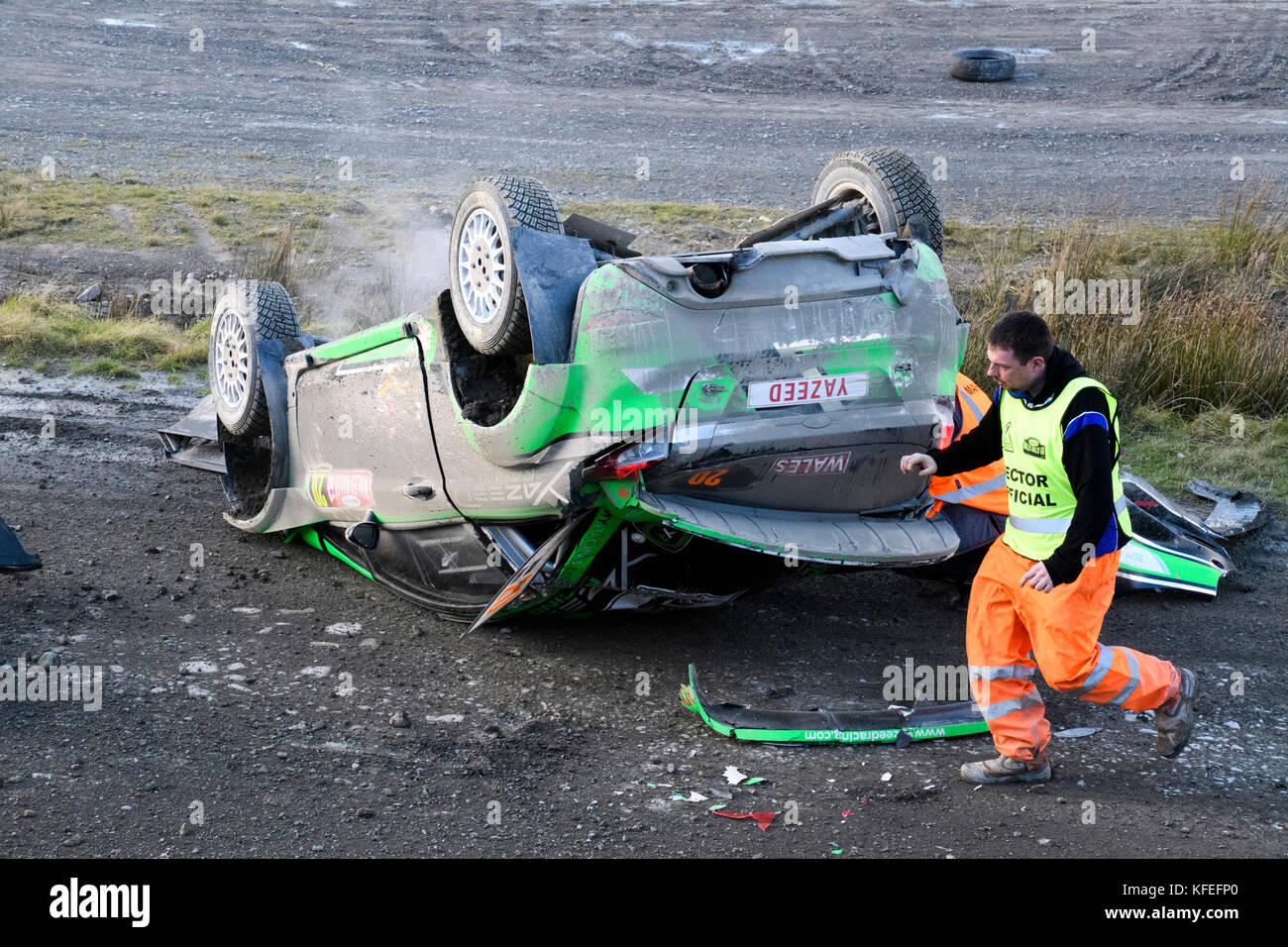 Disaster for #20 Yazeed Al Rajhi (SAU) and co-driver Michale Orr (GBR) of Yazeed Racing as he flips his car after a jump during the Sweet Lamb stage of the Rally GB round of the 2017 FIA World Rally Championship in Wales.United Kingdom © Hugh Peterswald/Alamy Stock Photo