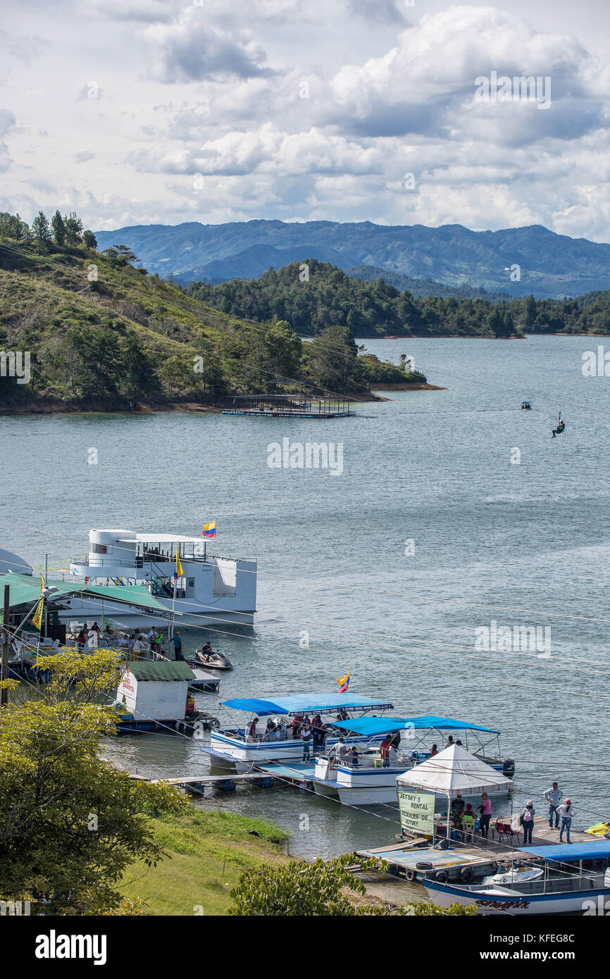 Guatapé is a beautiful town located an hour and a half from Medellin, located on the shore of a man-made lake created by a hydroelectric dam. Stock Photo