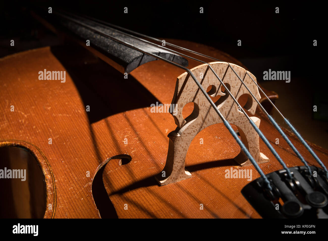 Details of a small Cello strings and body low key Stock Photo Alamy