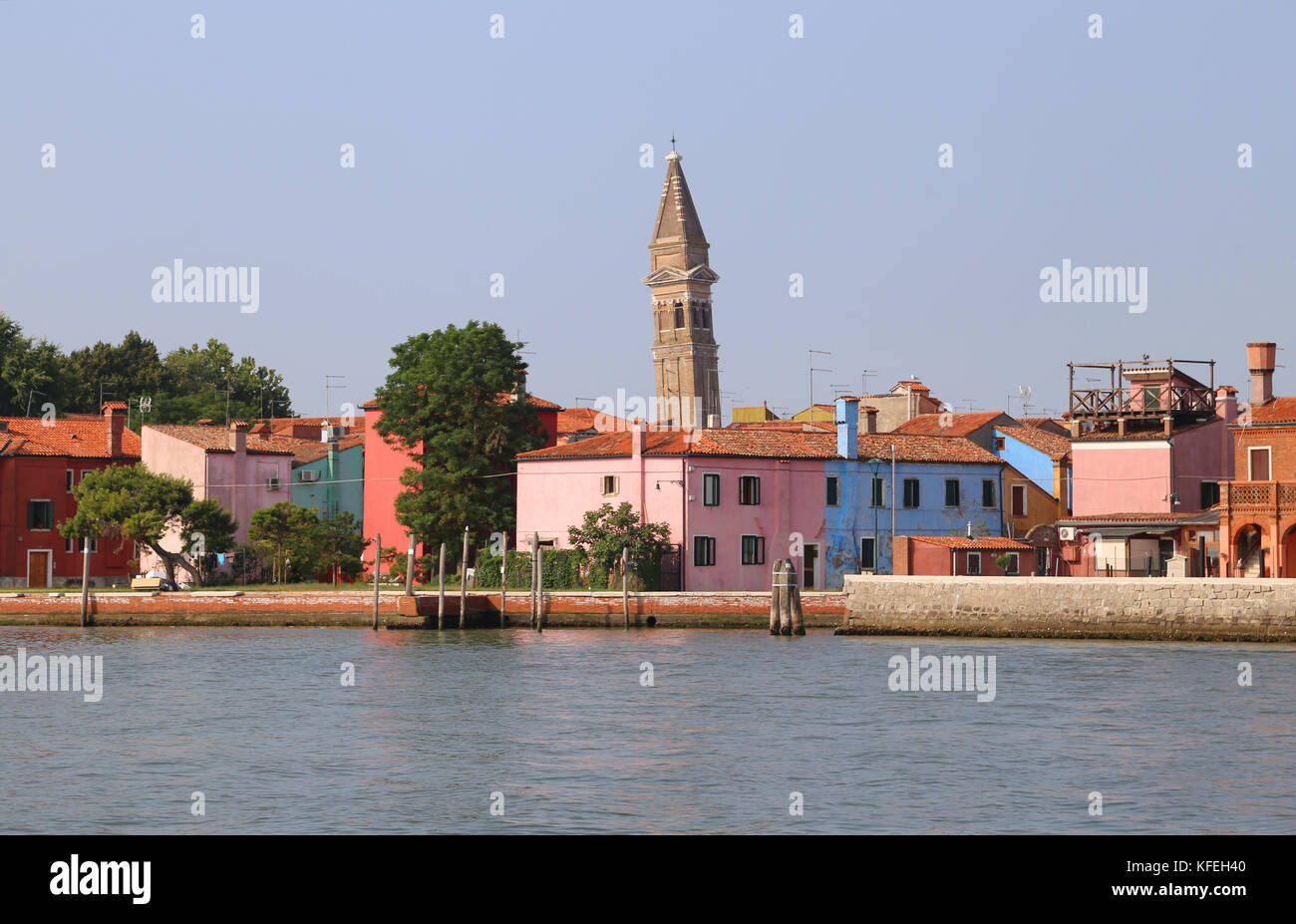skyline of Burano Island near Venice in Italy with bell tower Stock Photo