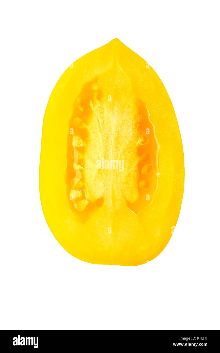 Fresh yellow tomato slice on white Stock Photo
