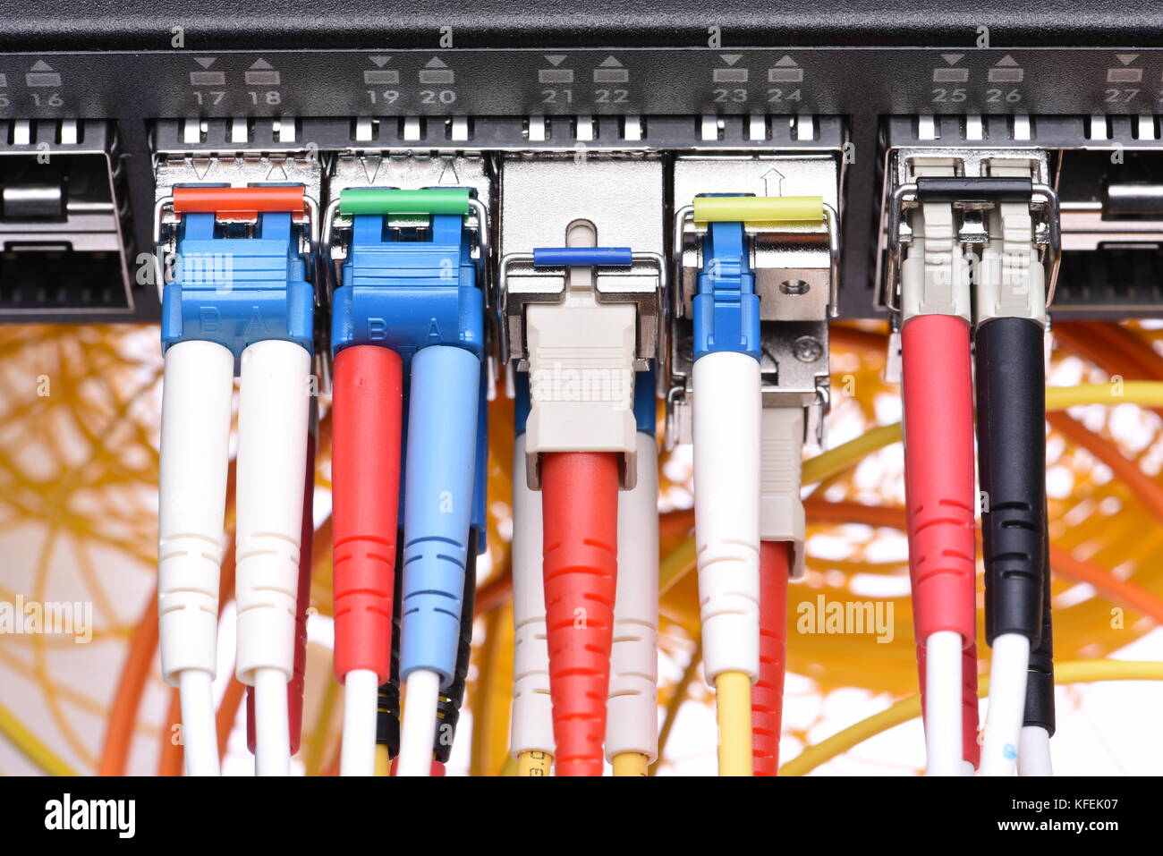 Cybersecurity in data center, switch with connected optical fibre patch
