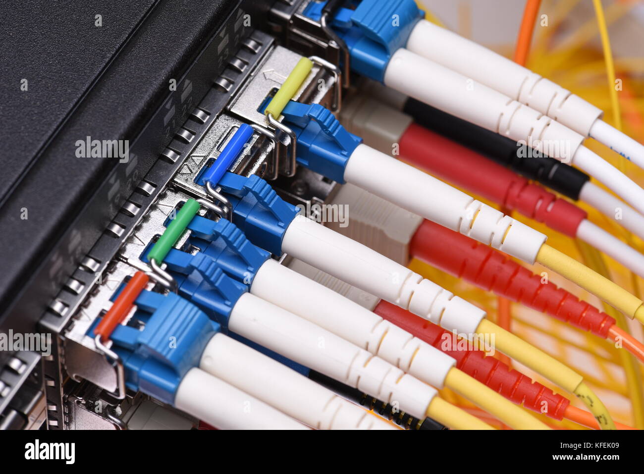 Cybersecurity in data center, switch with connected optical fibre patch