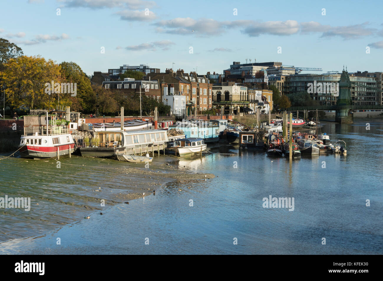 Houseboats moored on the River Thames at Hammersmith, Furnival Gardens