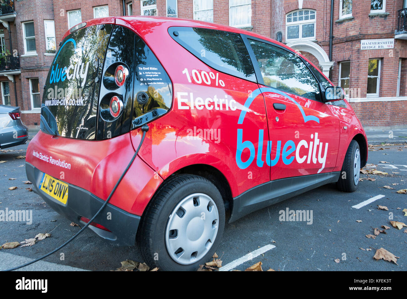 A Blue City Electric Car and charging point in Hammersmith, west London, UK. Stock Photo