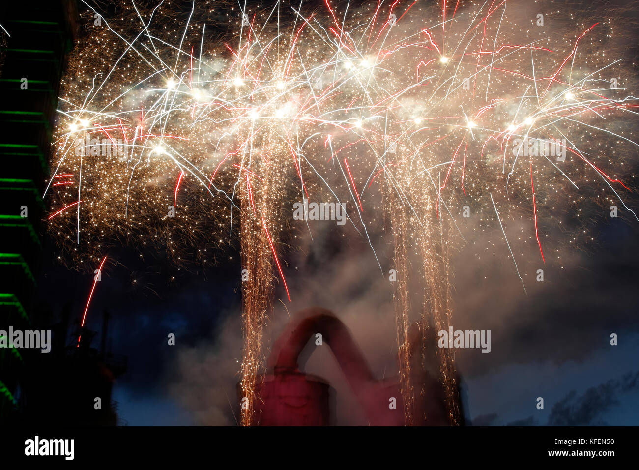 fireworks behind a blast furnace and stell mill Stock Photo - Alamy