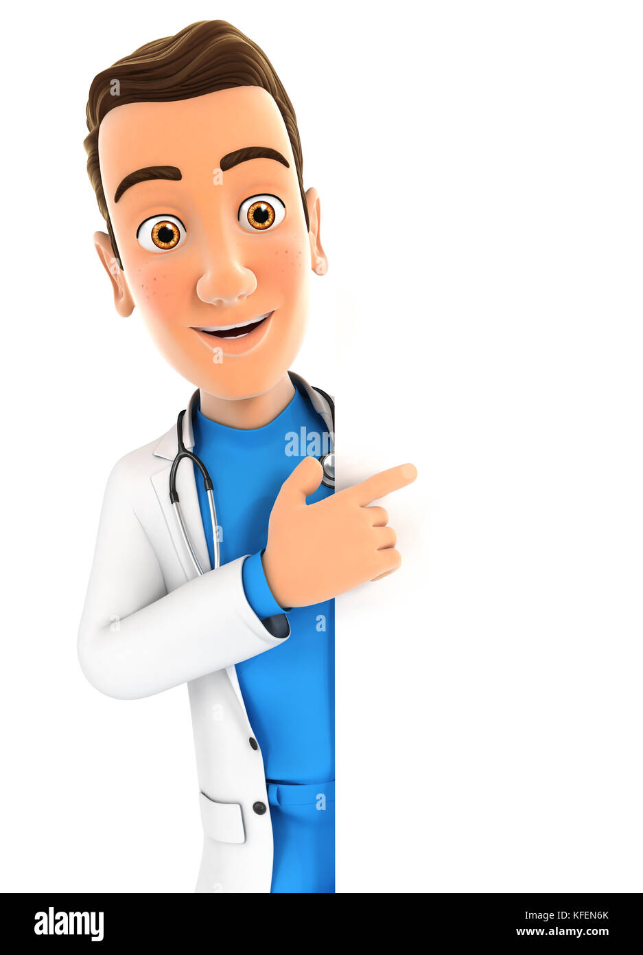 3d doctor pointing to right blank wall, illustration with isolated white background Stock Photo