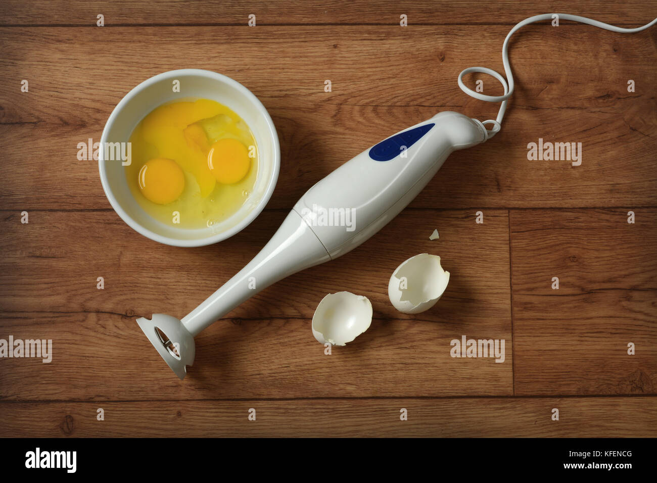blender and eggs on the table - closeup Stock Photo
