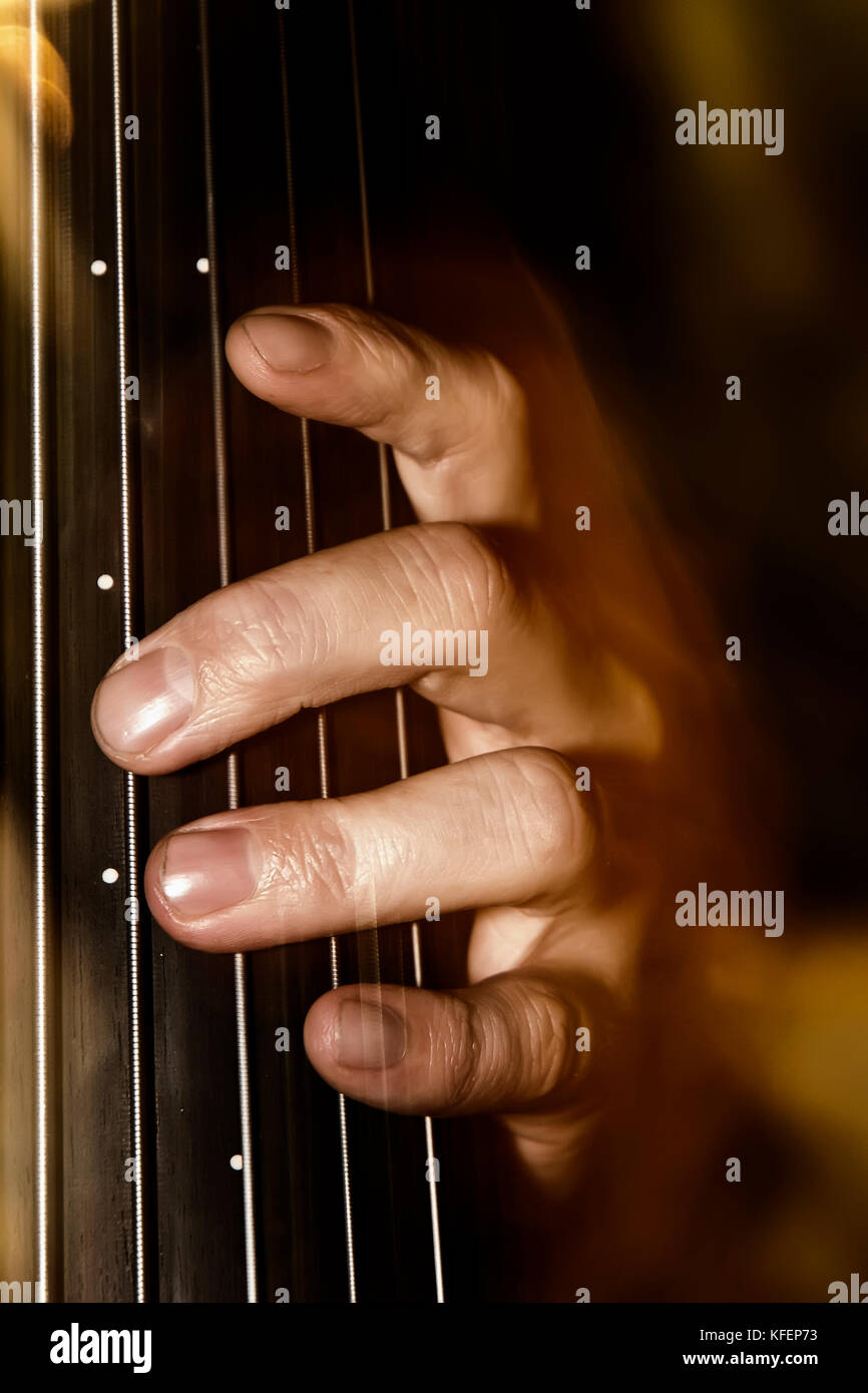 Detail shot of a bassist's fingers on an upright bass fretless neck