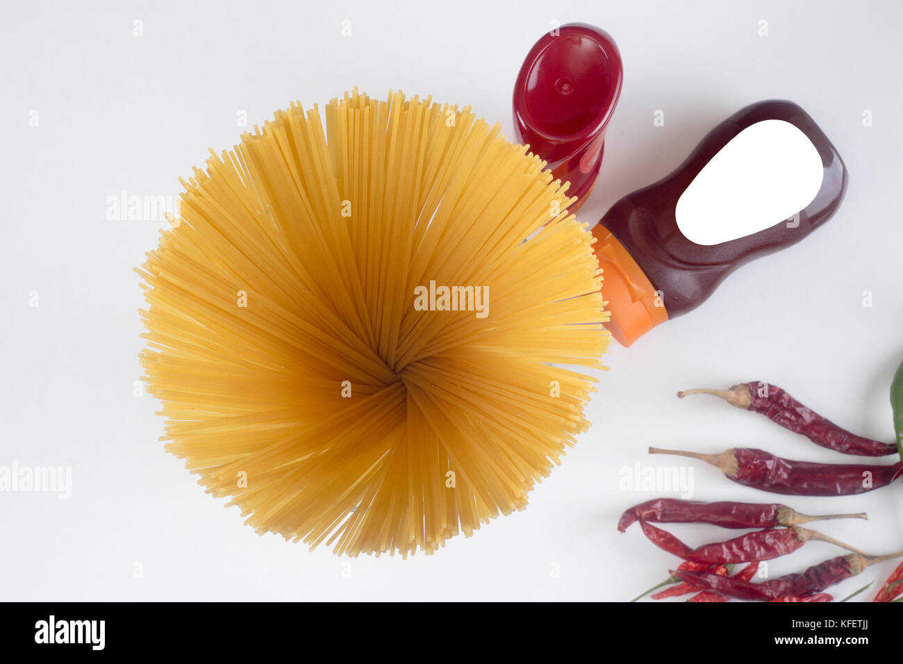 spaghetti with ketchup mayonnaise on white background Stock Photo Alamy