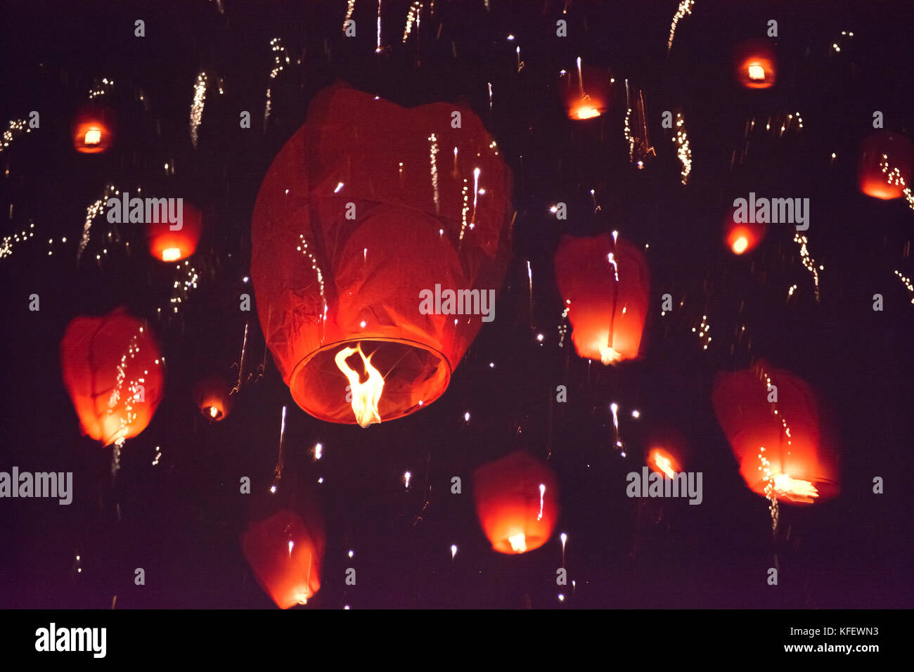 Sky lanterns are flying on night black sky Stock Photo Alamy