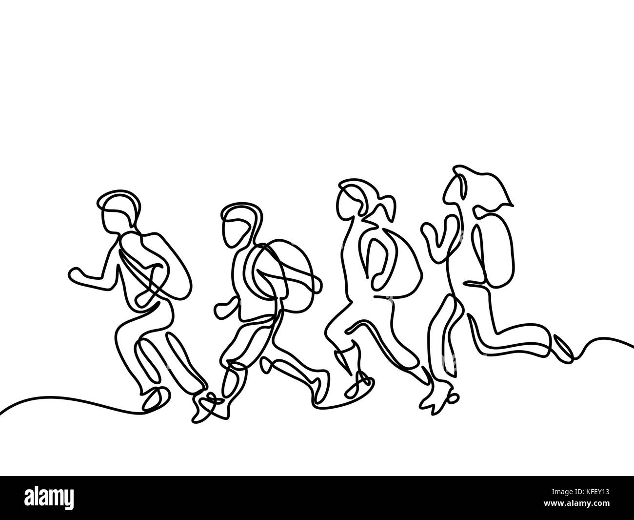 Kids running back to school with bags. Continuous line drawing. Vector illustration on white background Stock Vector