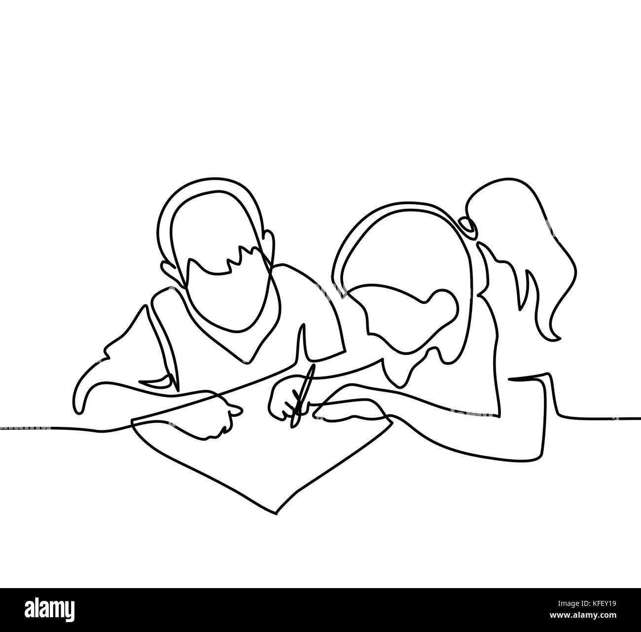 Boy And Girl Drawing On Paper Back To School Concept Continuous Line Drawing Vector Illustration On White Background Stock Vector Image Art Alamy