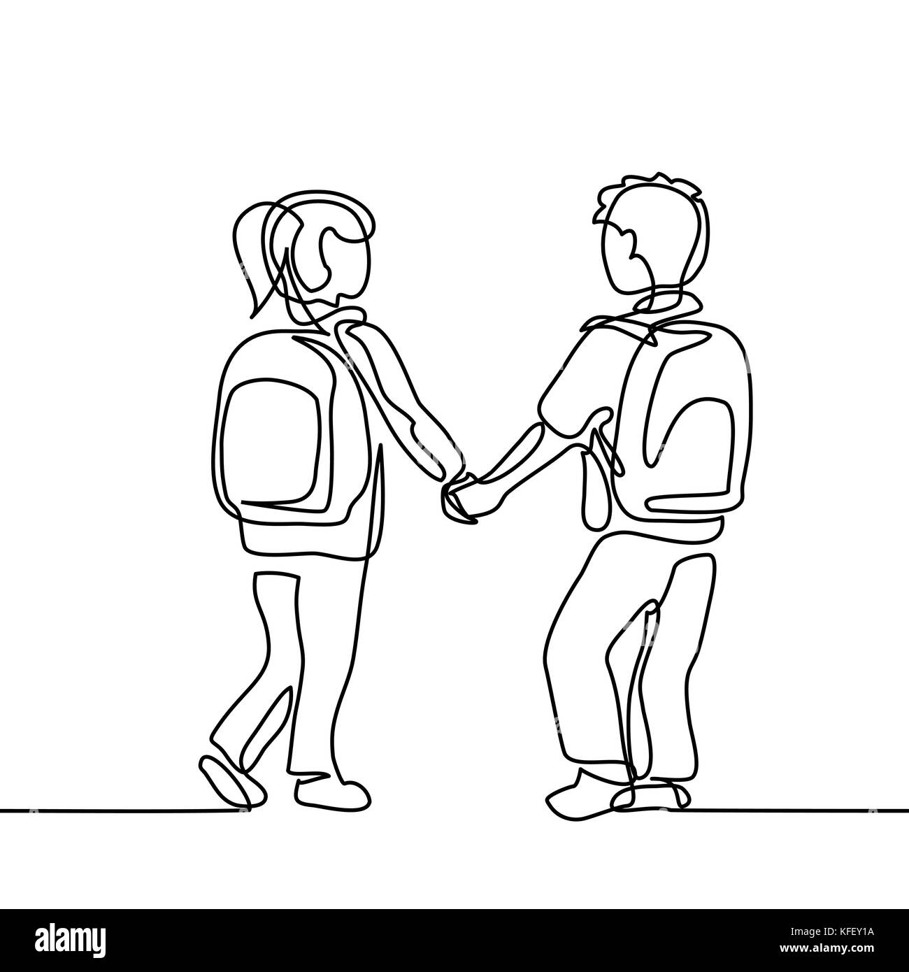 Boy and girl going back to school with bags. Continuous line drawing.  Vector illustration on white background Stock Vector Image & Art - Alamy