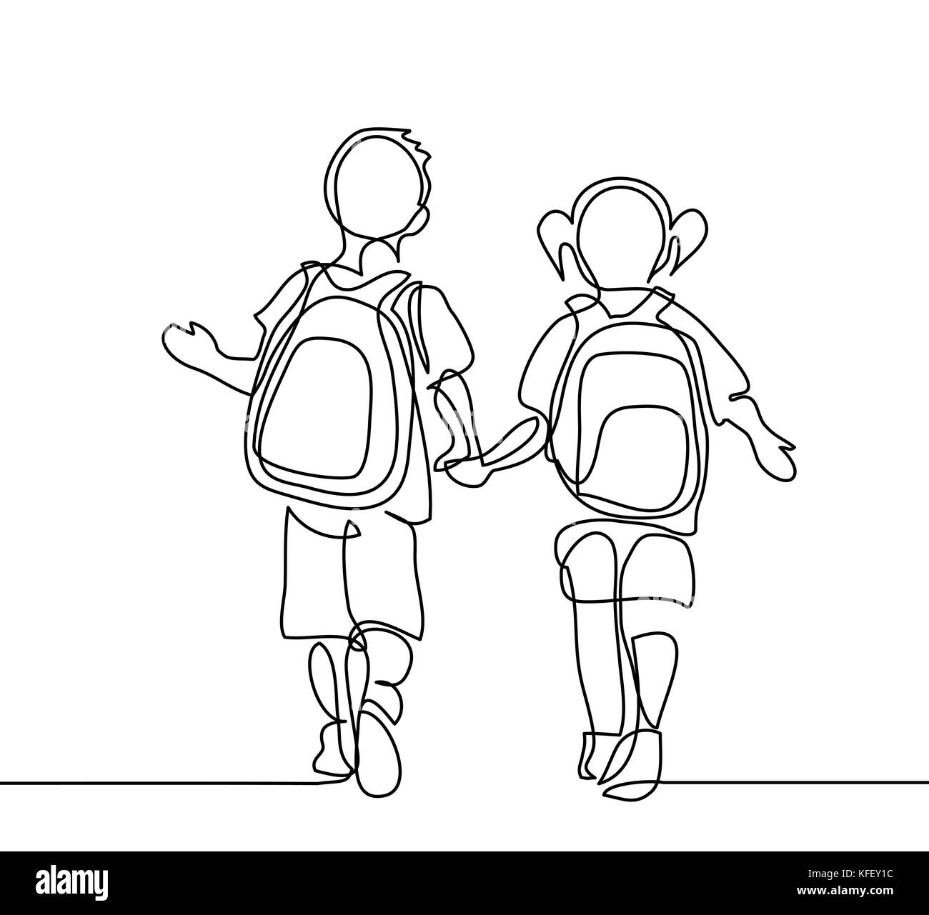 Boy And Girl Going Back To School With Bags Continuous Line Drawing Vector Illustration On White Background Stock Vector Image Art Alamy