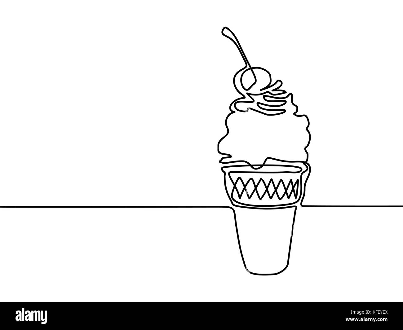 Continuous line drawing. Ice cream in a waffle cup with cherry. Vector