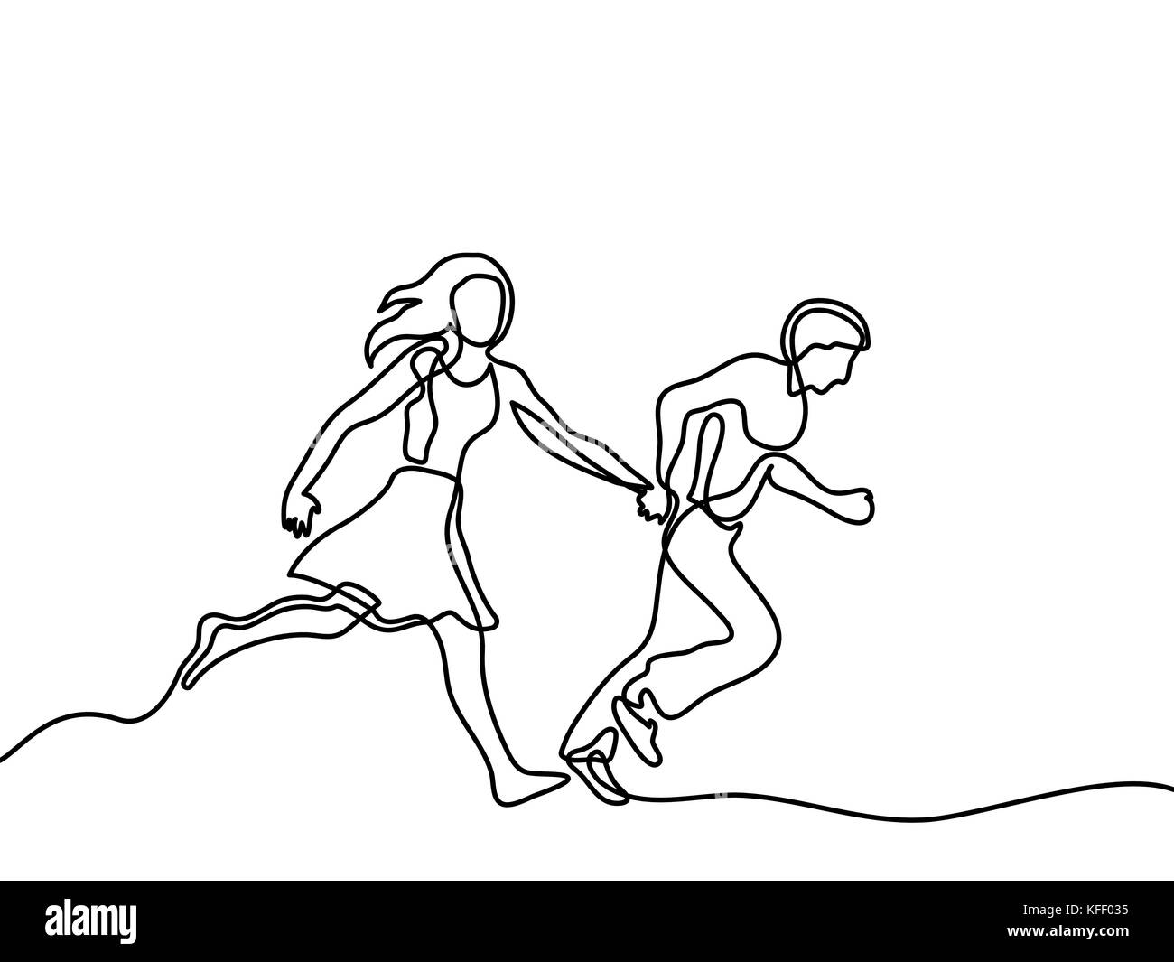 Happy running couple. Continuous line drawing. Vector illustration on white background Stock Vector