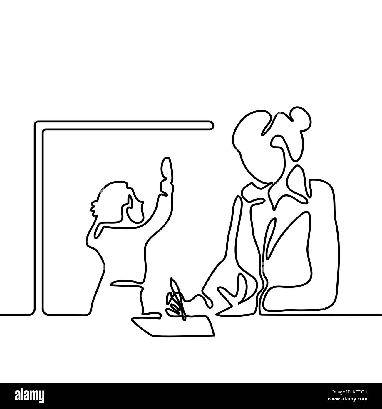 Teacher with boy writting on Chalk school board . Continuous line drawing vector illustration back to school Stock Vector