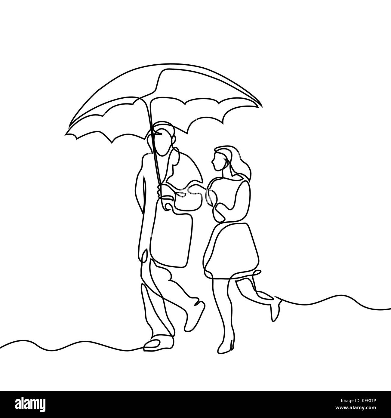 Couple walking under umbrella. Continuous line drawing. Vector illustration on white background Stock Vector
