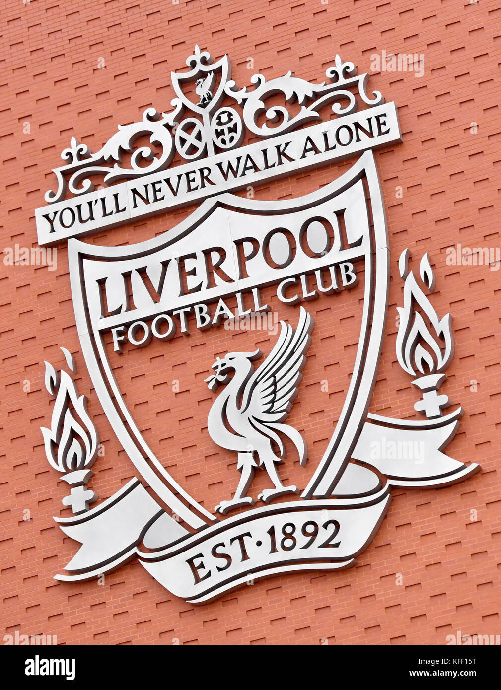 A general view of a Liverpool logo during the Premier League match at Anfield, Liverpool. Stock Photo