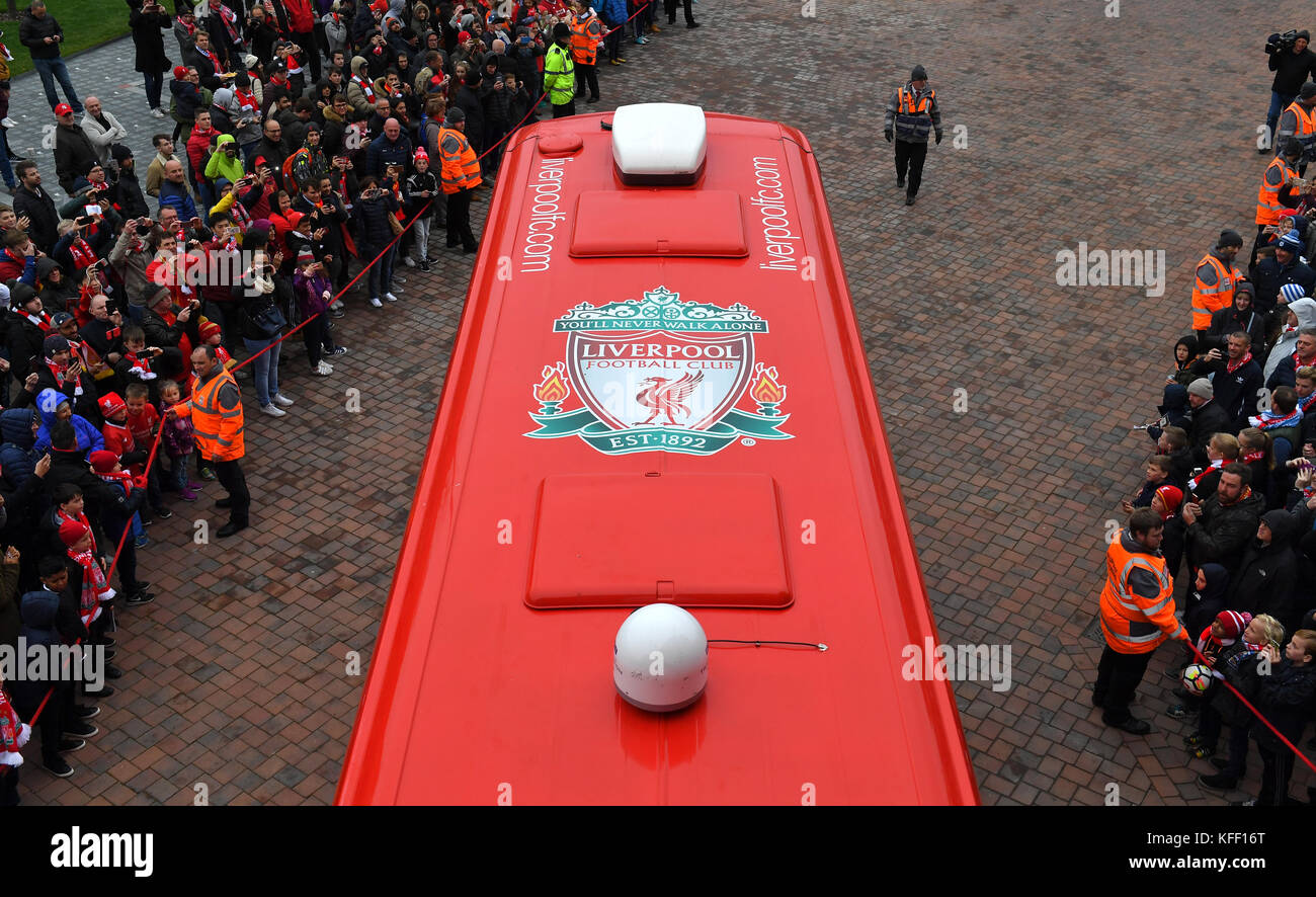The Liverpool team bus arrrives during the Premier League match at Anfield, Liverpool. Stock Photo